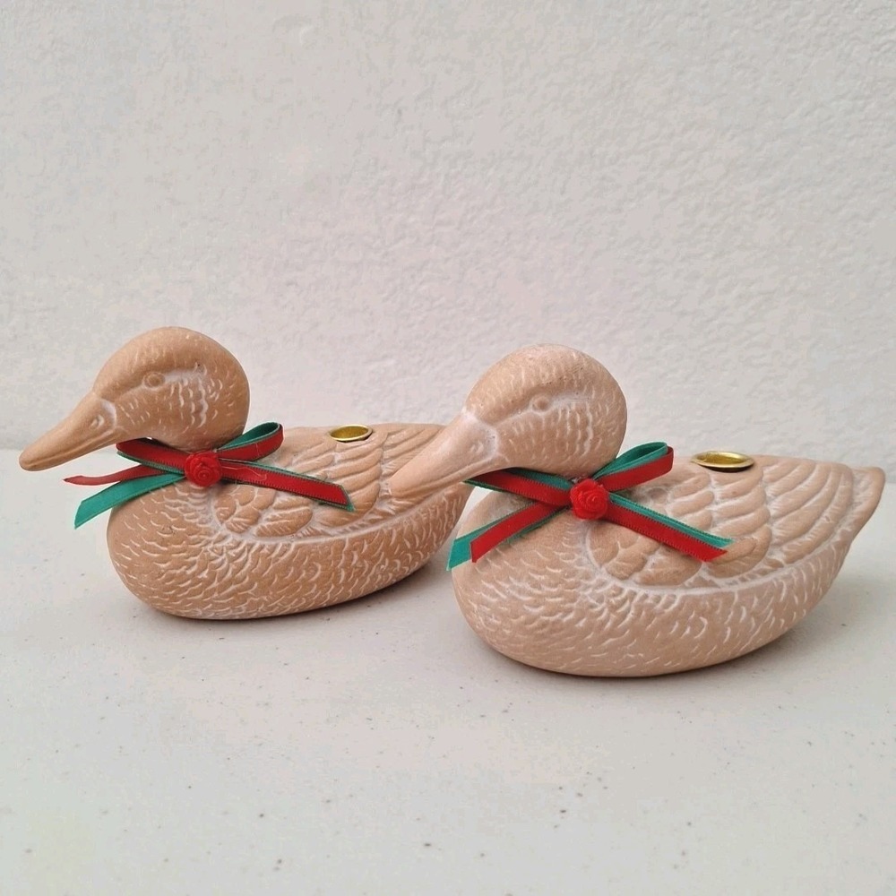 Vintage Terra Cotta Duck Candle Holder Set Made In Taiwan Christmas 3.5"x6"